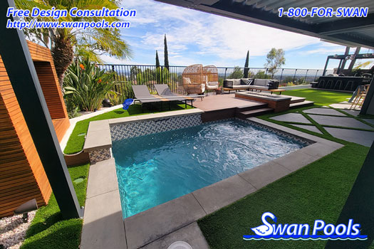 California Hillside Swimming Pool Design Nestled in a Small Yard including Entertainment Areas, Raised Sun Deck, and a BBQ Spatial Design.